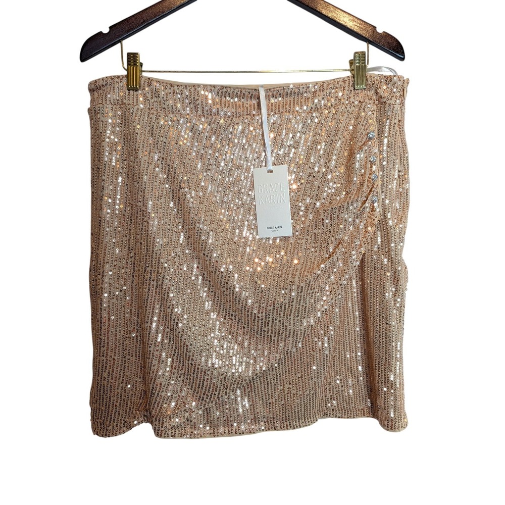 NWT GRACE KARIN sequined skirt NEW Champagne Pink Sparkle GNO size 2xl XXL